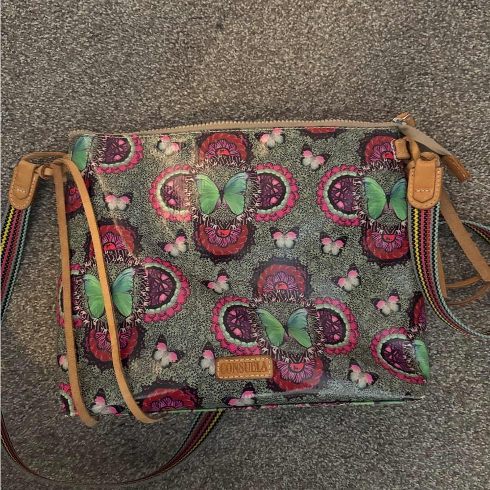 Consuela Green and Pink Crossbody Bag with Whimsical Pattern